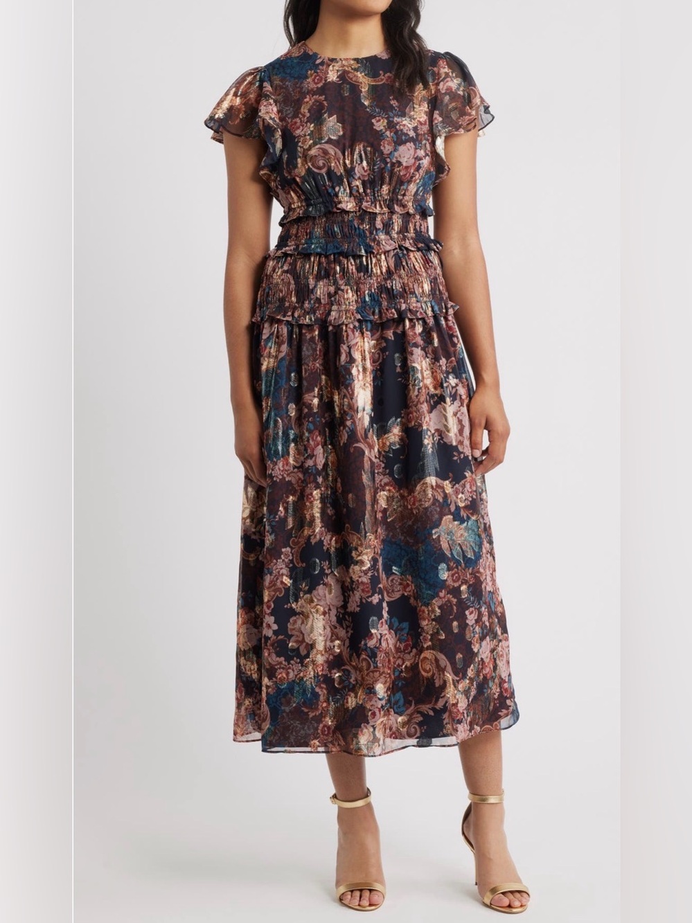 NWT Eliza J Metallic Floral Flutter Sleeve Smocked Midi Dress Size 4